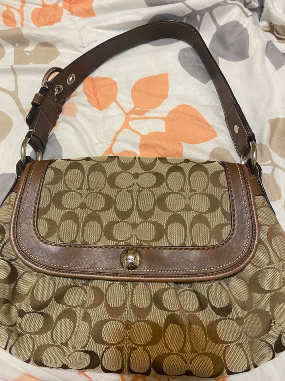 Coach Brown Signature Canvas Shoulder Bag with Leather Trim